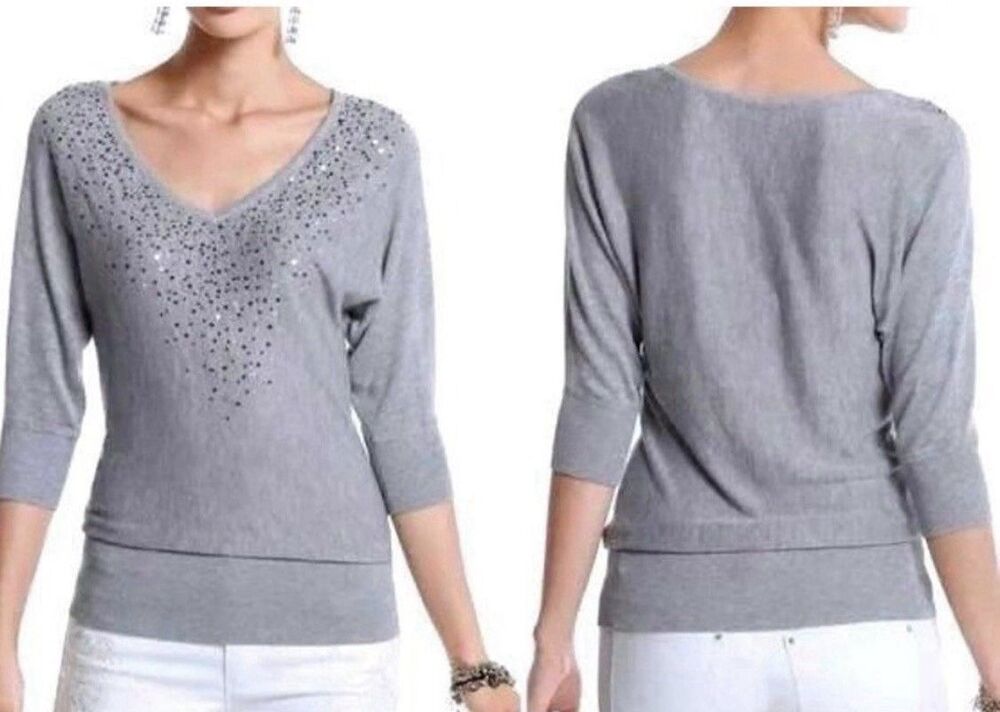White House Black Market Size M Gray Sequin V-Neck Dolman 3/4 Sleeve Sweater